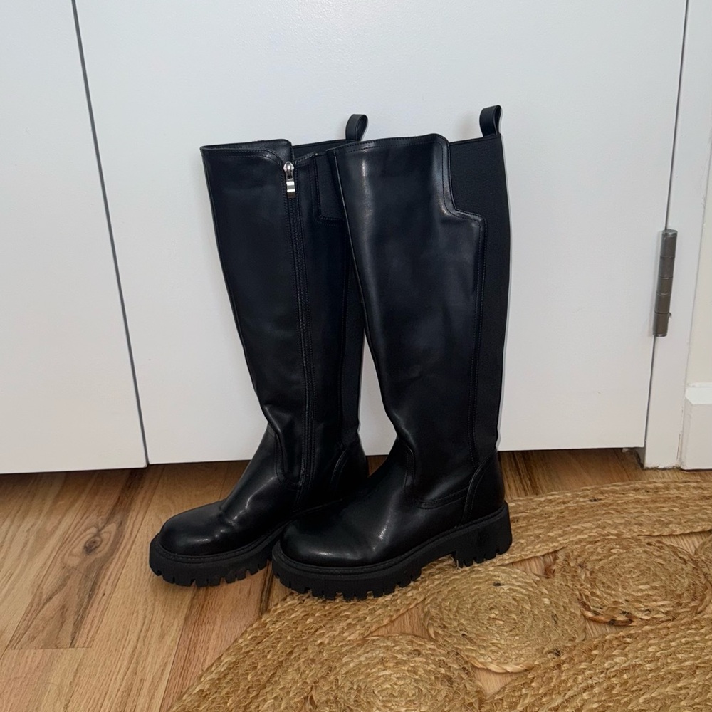 Black Knee-High Lug Sole Boots